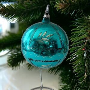 Mercury Glass Ball Ornament Blue West Germany LARGE Handblown 925 Silver Glitter